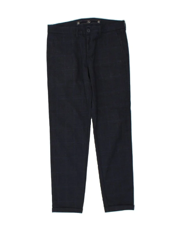 FAY Womens Slim Chino Trousers W31 L29 Navy Blue Check Polyester Trousers Denim Distressed