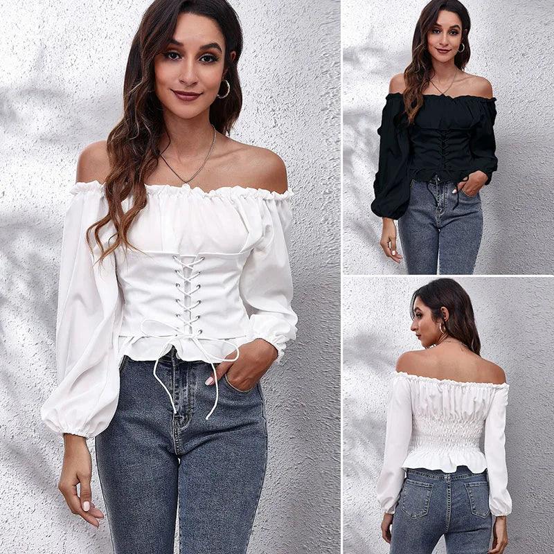 CORSET ELEGANCE: SPRING/AUTUMN OFF-SHOULDER PULLOVER Notched Neck Pullover