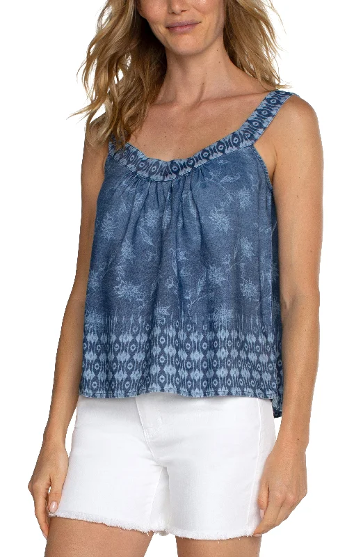 Liverpool Sleeveless V-Neck Easy Fit Tank with Smocking (Indigo Floral) lightweight tank top