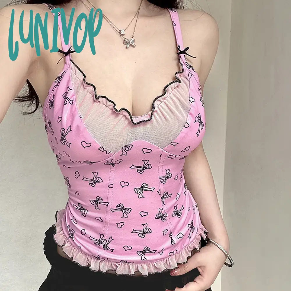 Lunivop Sweet Patchwork Mesh Camis Top See Through Sexy Slim V-Neck Sleevelkess Tank Tops Women 2024 Summer Fashion Streetwear long tank top