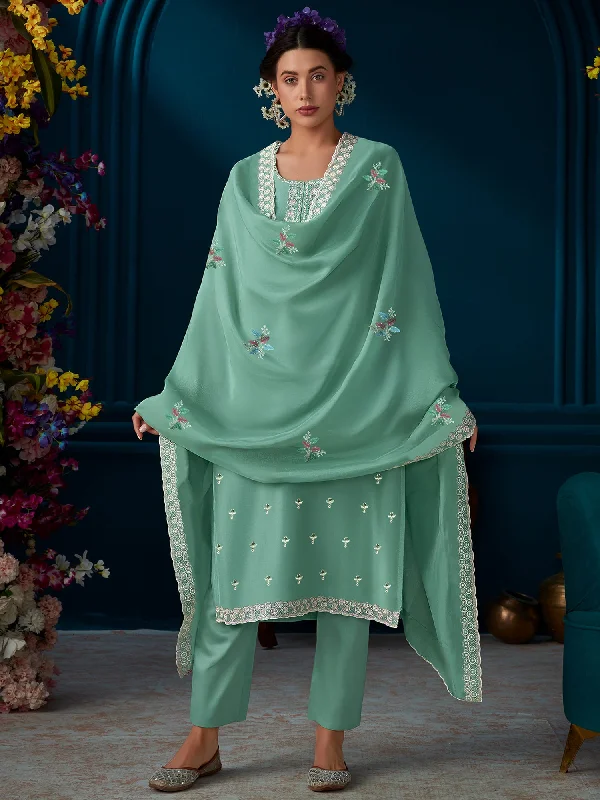 Women Green Straight Embroidered Kurta Trousers With Dupatta Set Trousers trendy modern