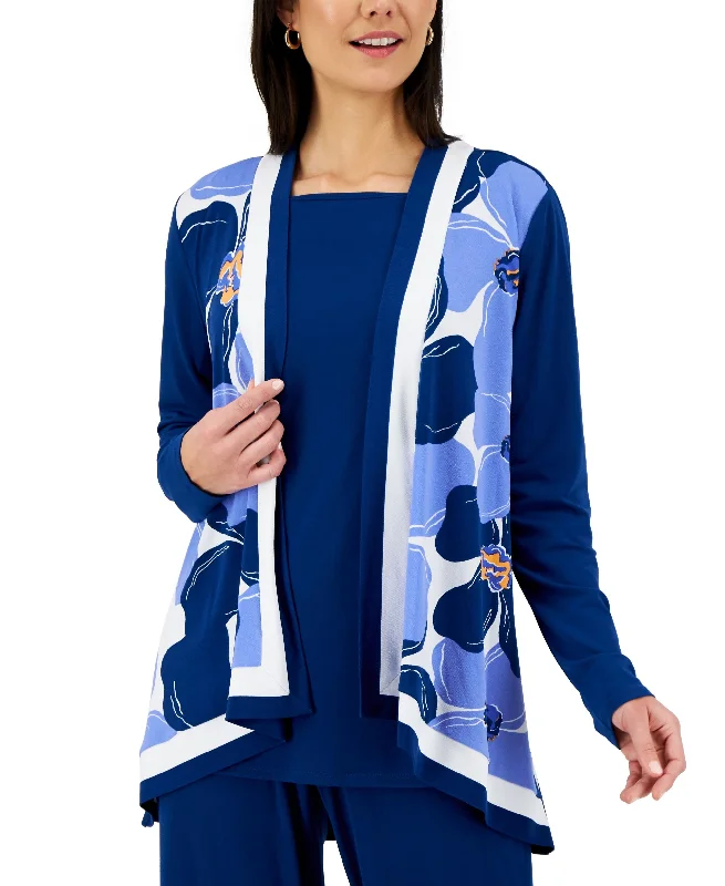 JM Collection Floral Print Cardigan Satin Blend Silk Blend Wool Blend