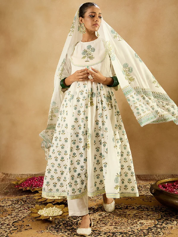 Women White Printed A-Line Kurta Trousers With Dupatta Set Trousers Print Floral