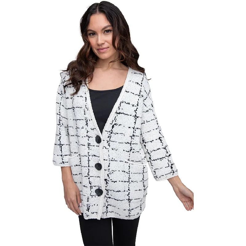 Women's Liv by Habitat Bounce Window Pane Cocoon Cardigan White Striped Floral Plaid