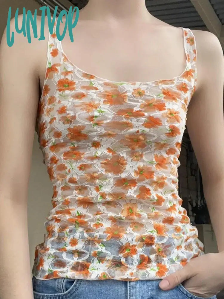 Lunivop Casual Floral Mesh Tank Tops See Through Sexy Slim Slash Neck Sleeveless Tank Tops Women 2024 Summer Fashion Streetwear cute tank top