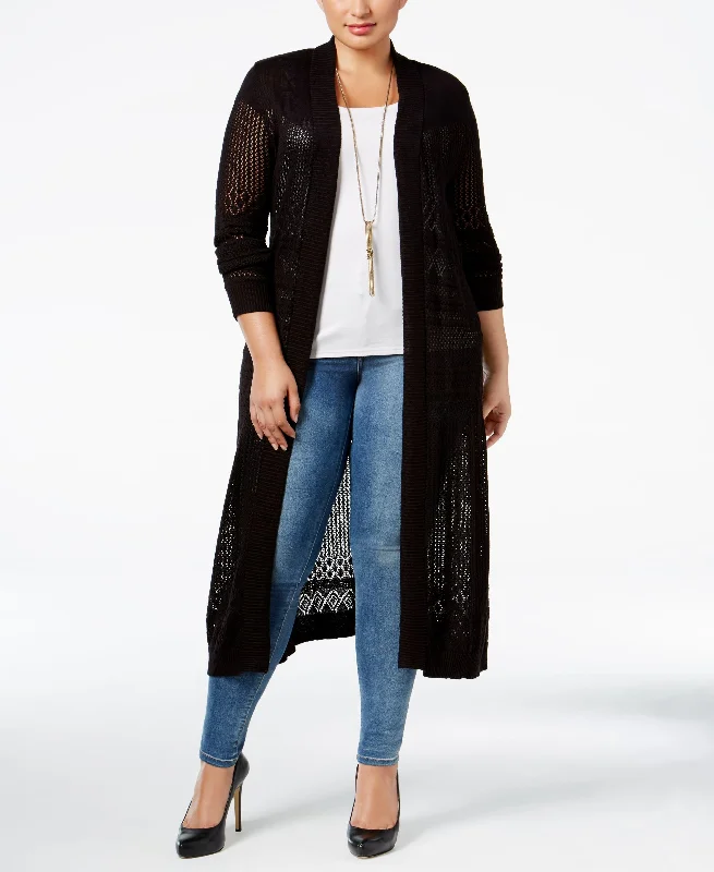 Plus Size Pointelle-Stitch Duster Cardigan Fleece Cardigan Nylon Polyester