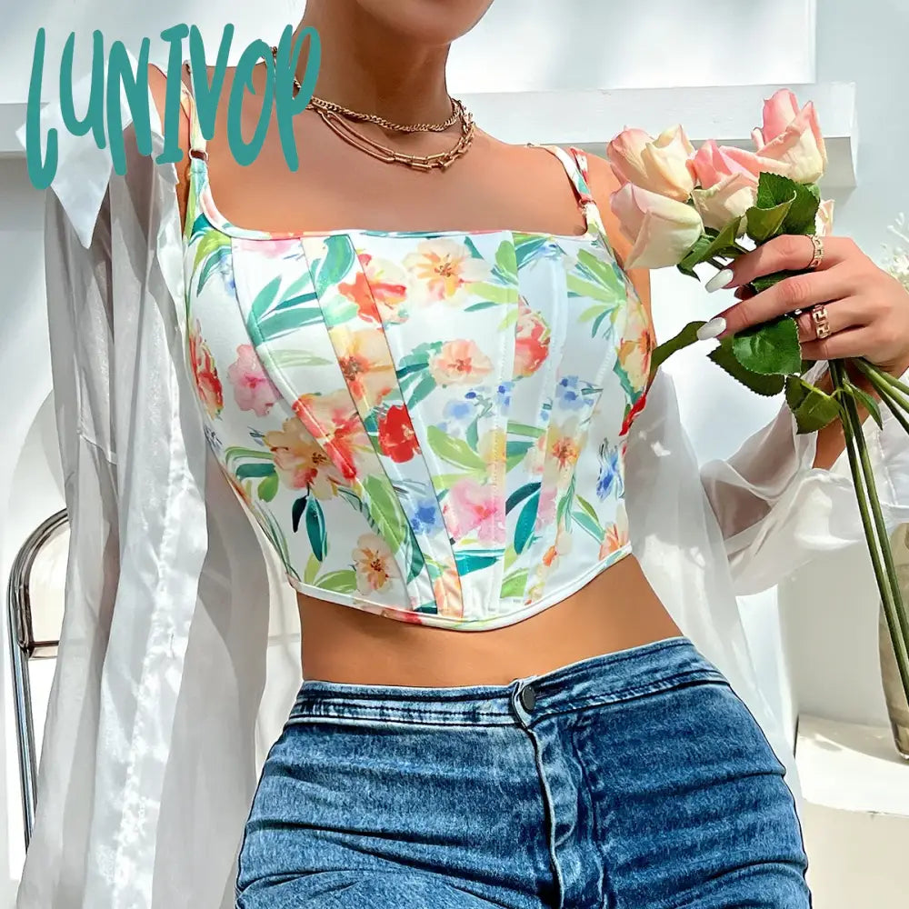 Lunivop Sexy Printing Deep V Fishbone Slim Sling Fitting Corset Ladies Top Summer Basic Corset Tank Top Clothes for Women Party Clubwear soft pink tank