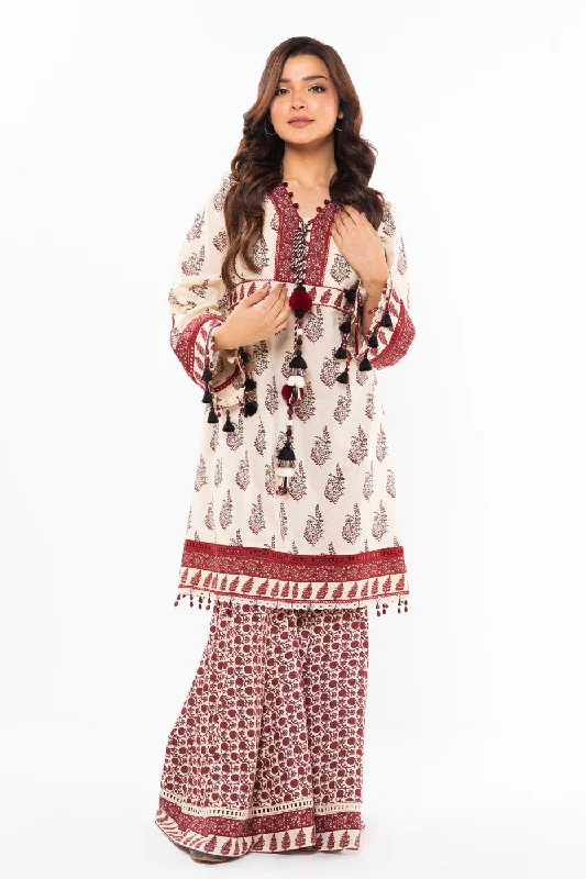 2 Pc Printed Lawn Suit With Cambric Trouser High Waist Slim Fit Ankle Length