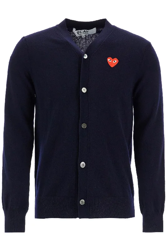 Navy Blue Wool Cardigan With Embroidered Red Heart Unisex  - Blue Transparent Opaque Sheer