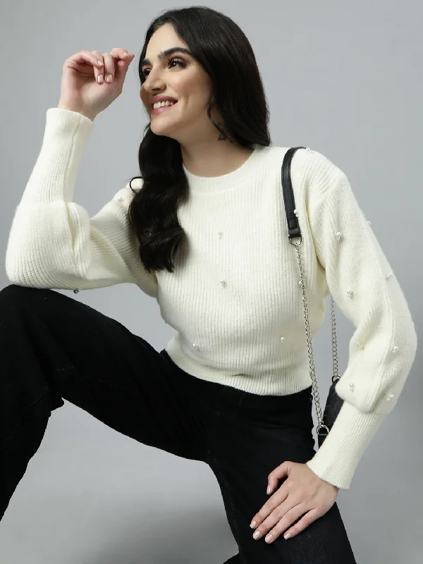 Women Solid Cream Pullover-CHN-07694-Cream Fine Merino Wool