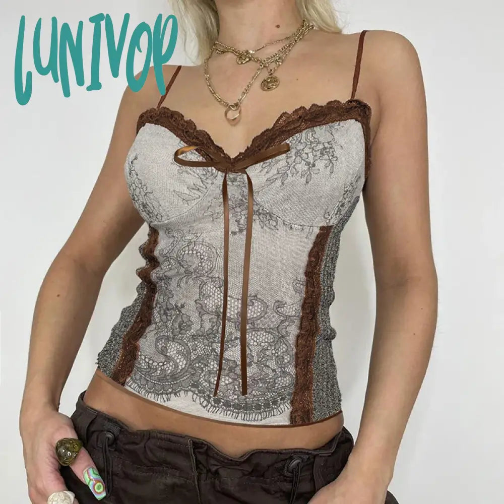 Lunivop Woman Patchwork Camisole Tank Contrast Color Jacquard Top Crop Korean Tops Corset Gauze Chic Top Sexy Hot Gyaru Kpop Y2K flowy tank top