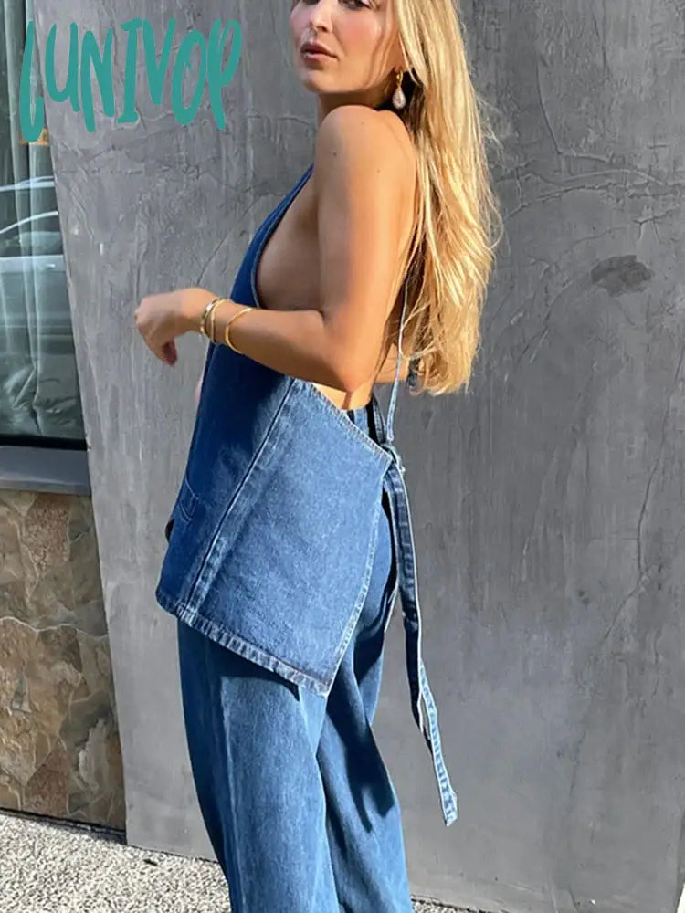 Lunivop Backless Strap Denim Tank Top Women Clothing  Summer Y2k Sleeveless Tops Woman Blue Washed Retro Loose Vest Female one shoulder tank