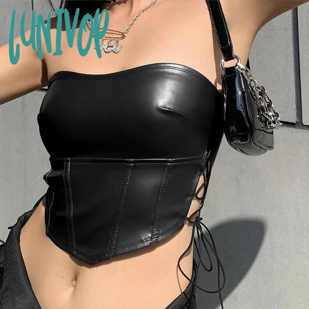 Lunivop Sexy Corset Lace Up Corset Top Black Tank Top Women Strapless Tube Top Bodycon Camis Backless Sleeveless Streetwear Y2K Clothes baby blue tank