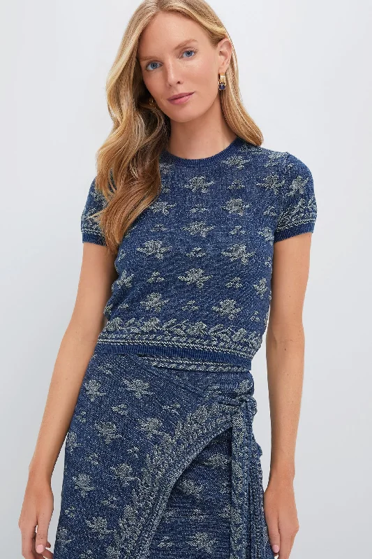 Dark Indigo Printed Short Sleeve Pullover Short Puff Sleeve