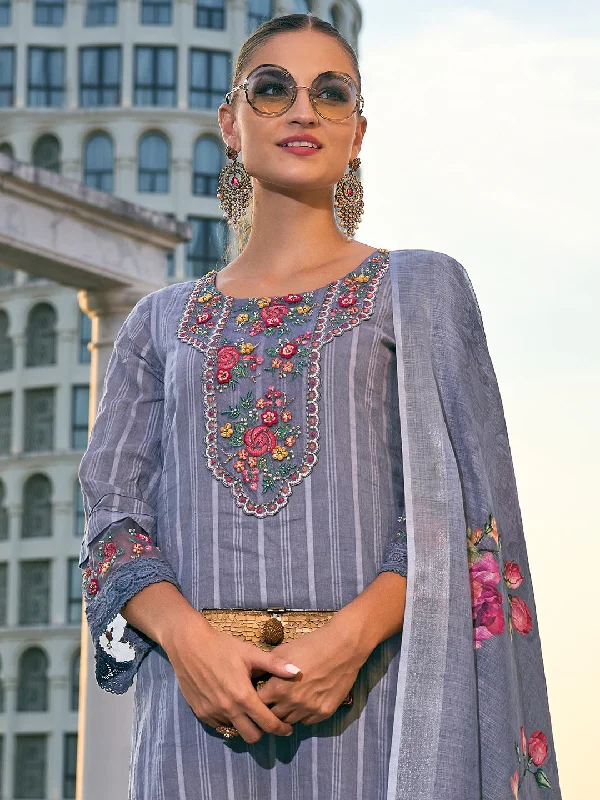 Women Grey Embroidered Straight Kurta Trousers With Dupatta Set Trousers sophisticated sleek