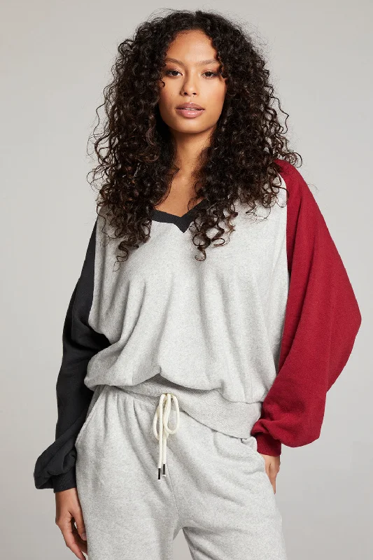 Hannah Fire Color Block V Neck Pullover Plunging Neck Pullover
