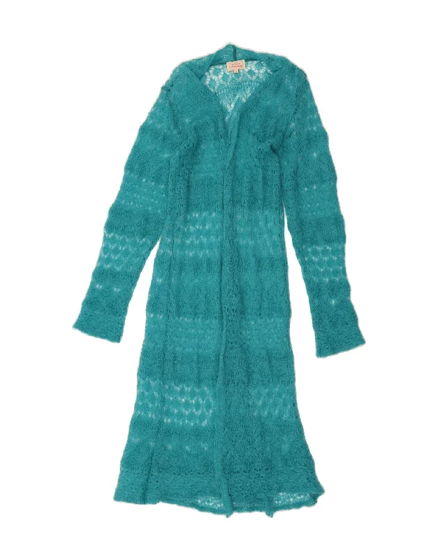 AVOCA Womens Longline Crochet Cardigan Sweater US 2 XS Turquoise Glossy Satin Silk