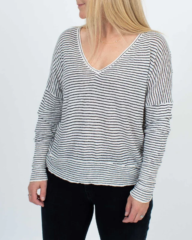 Long Sleeve V-Neck Pullover Striped Sweater Chunky Knit Pullover