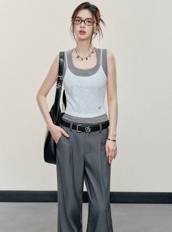 Textured Crop Tank Top: Sleeveless Fitted Vest with Layered Neckline glitter tank top