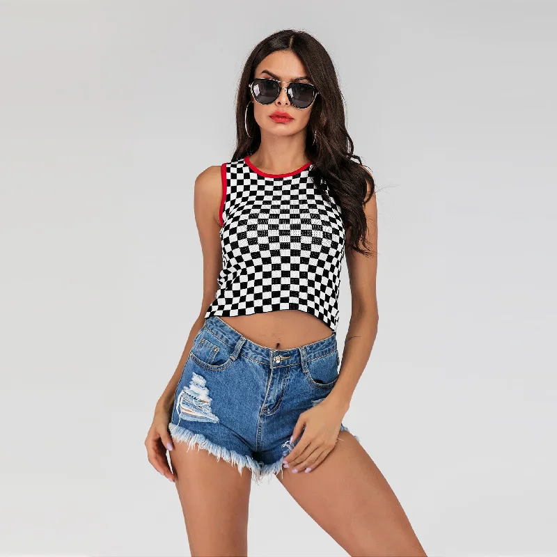 IKEARLAX 2025 New  short open-navel slim-fitting sleeveless vest checkerboard knitted bottoming tank top women floral tank top