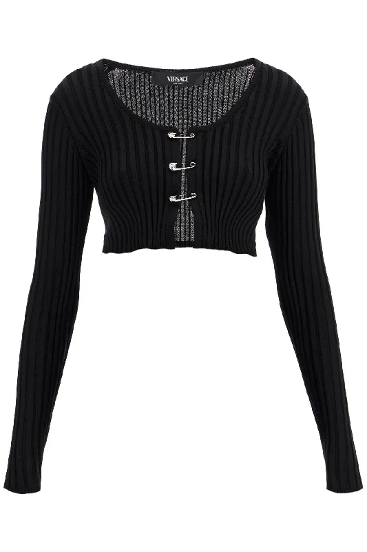 'cropped Safety Pin Cardigan  - Black Glossy Satin Silk