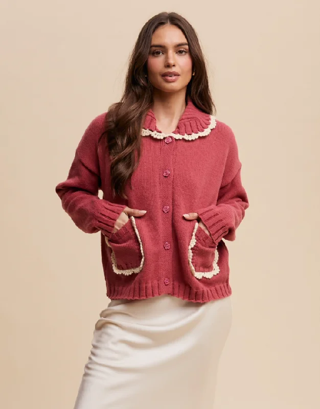 Rosewood Scalloped Collar Cardigan Chenille Brocade Lace