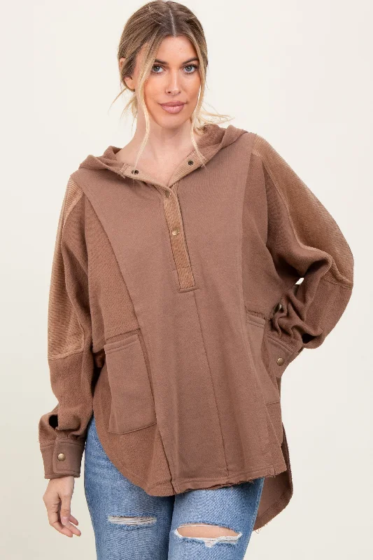 Brown French Terry Dolman Sleeve Hooded Pullover Fleece Warm Pullover