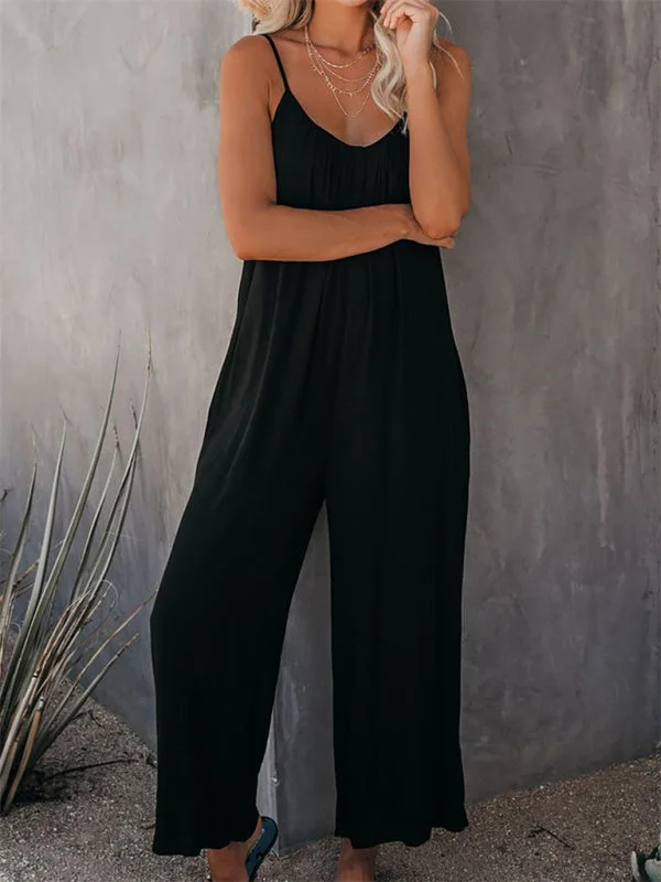 Women's Trousers Side Pocket Loose Casual Suspender Jumpsuit Trousers Travel Practical