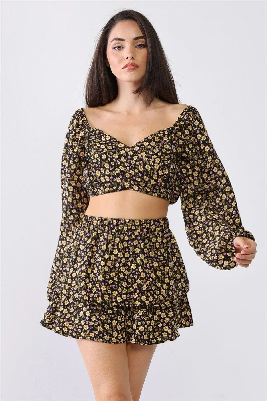Floral Puff Balloon Long Sleeve Layered Skirt Set velvet skirt plush