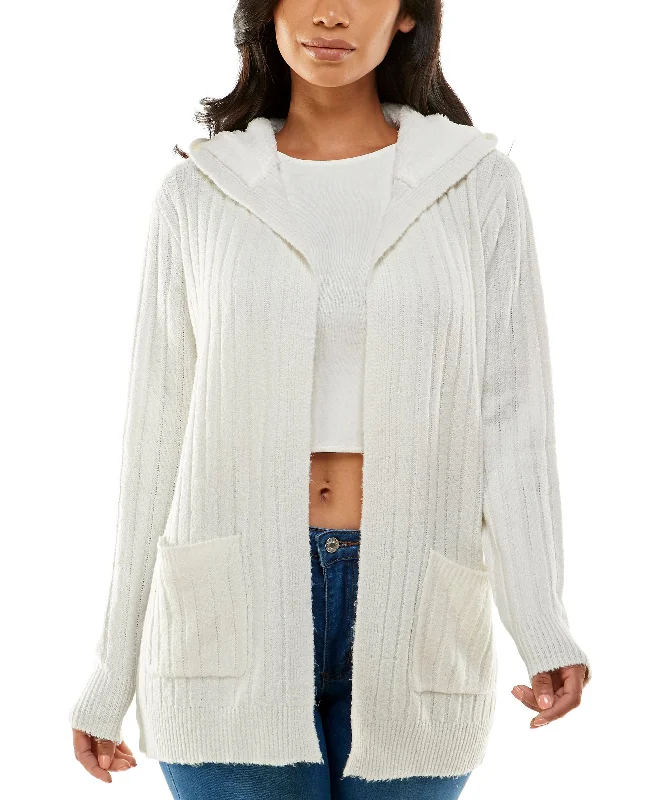 Juniors' Cozy Knit Sherpa Trim Cardigan Embroidered Appliqued Beaded