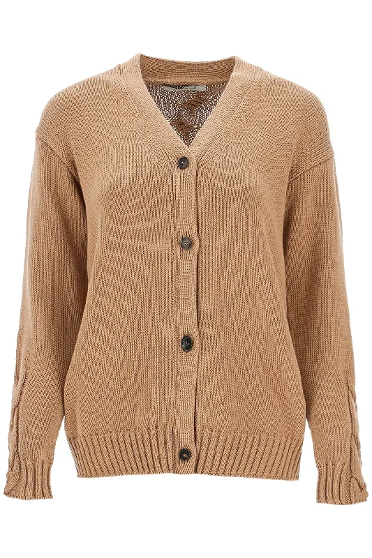 Cotton Knit Cardigan Sweater  - Beige Notch Collar Peter Pan Collar Cowl Neck