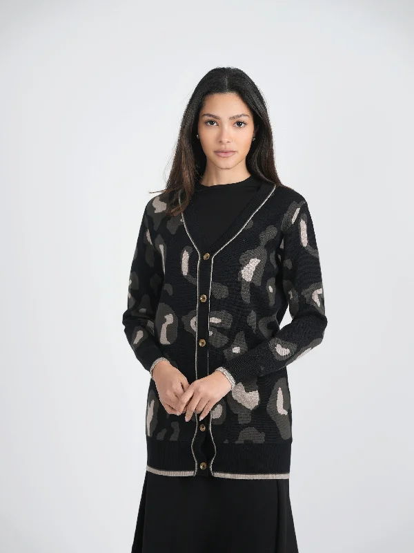 Coco de la Mour Long Print Cardigan Welt Pockets Slit Pockets Flap Pockets