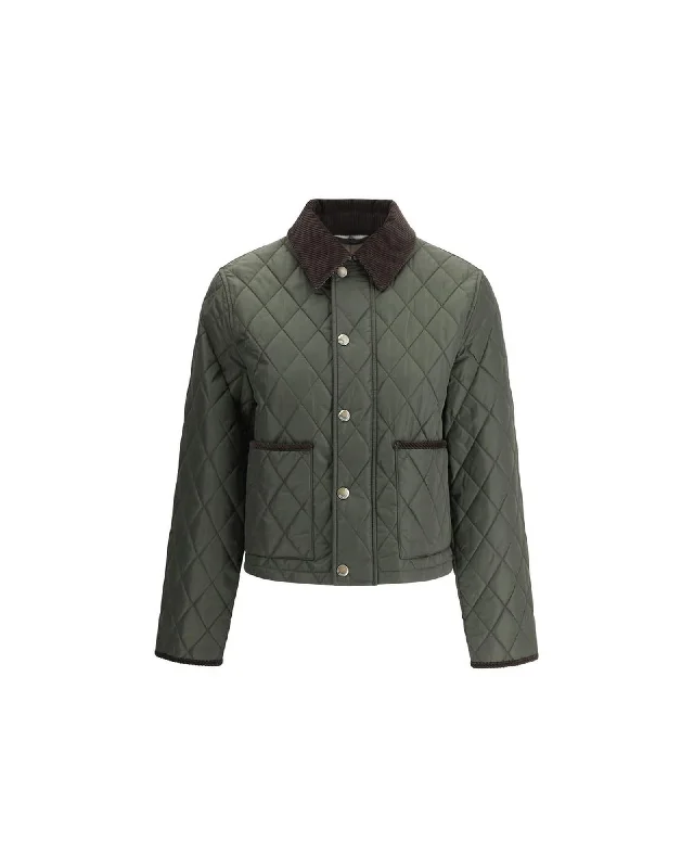 Burberry Quilted Jacket with Corduroy Collar and Archivio Check Lining Zippered Front Buttoned Front Snap Front