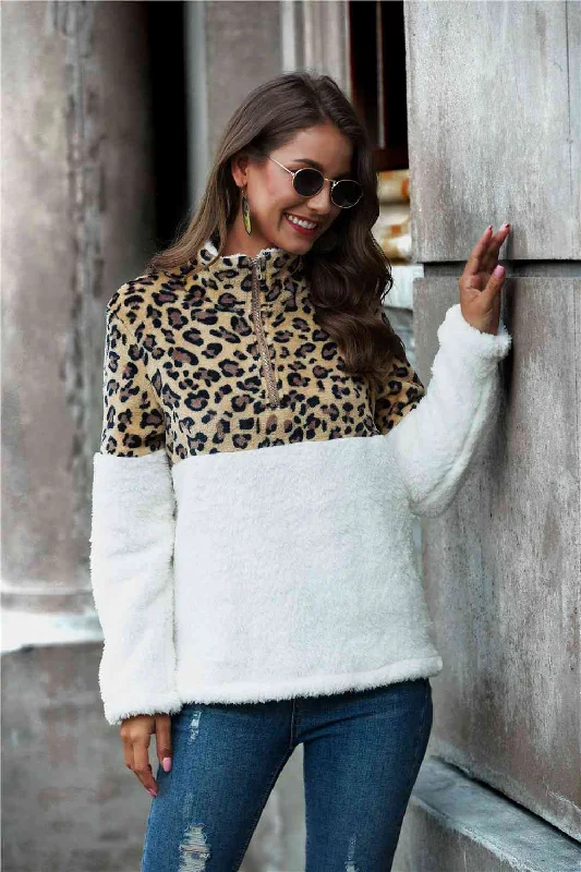 Leopard Color Block Half-Zip Collar Teddy Ladies Sweatshirt Hoodie with Hem Patch Decorative Personalized