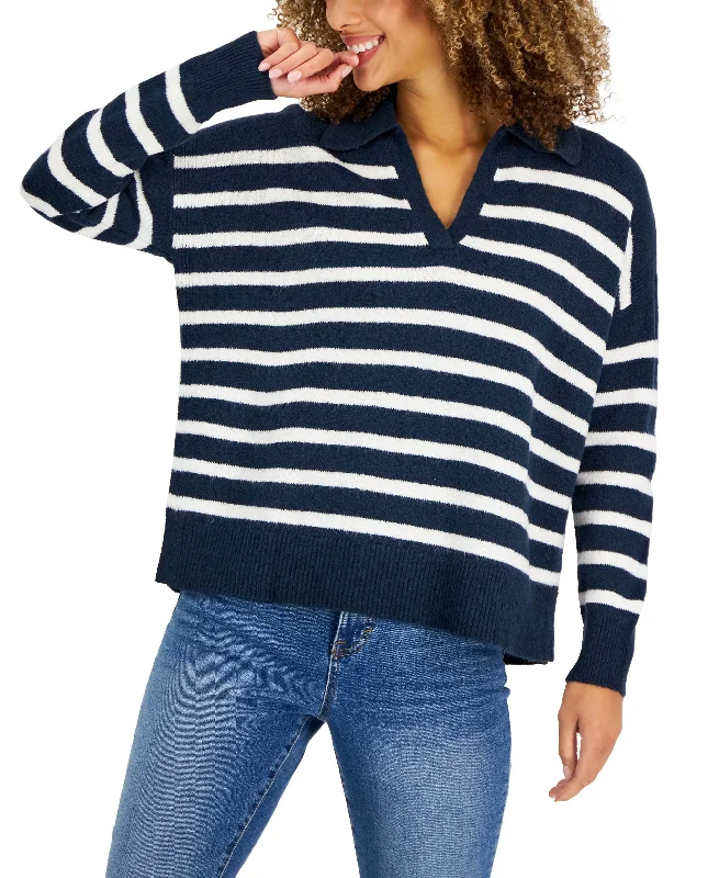 Petite Stripe Polo Pullover Sweater Seamless Knit Pullover