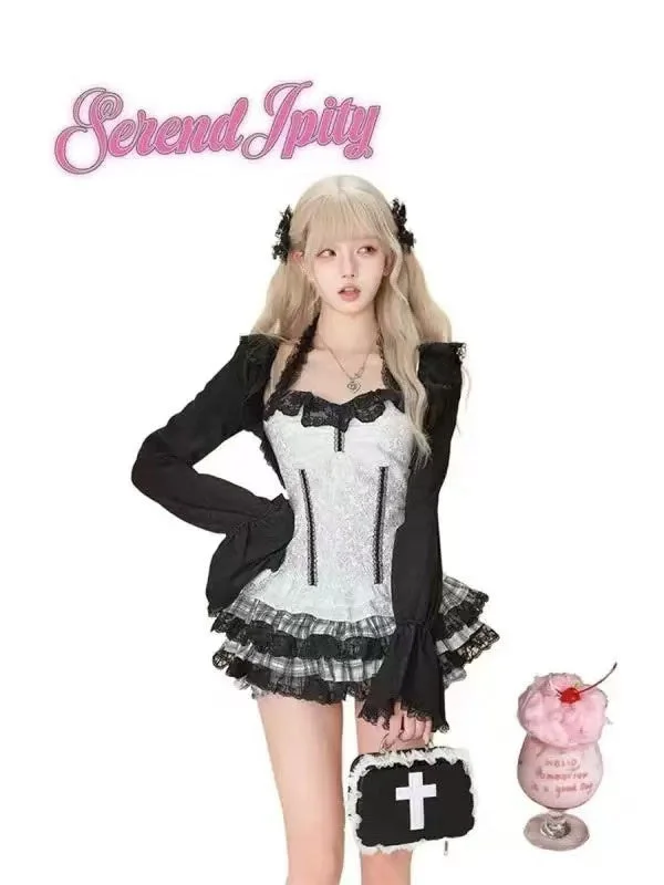 Autumn Black Knitted Cardigan Top + Plaid Miniskirt Cake Skirt Set Bright Pastel Dark