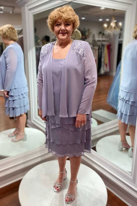 Two-Piece Lavender Ruffled Mother of the Bride Dress with Cardigan Notch Collar Peter Pan Collar Cowl Neck