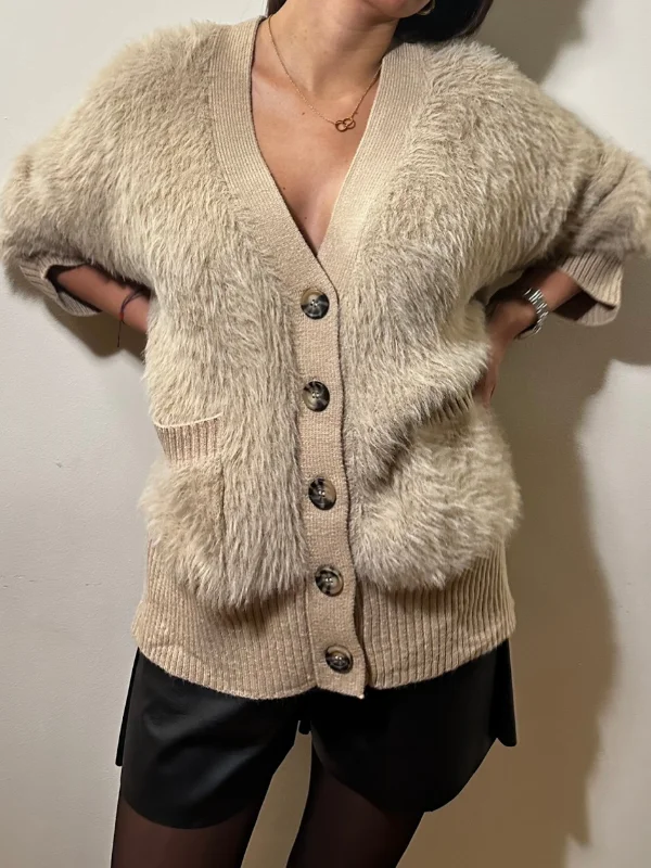 Oversized Fluffy Cardigan Mesh Blend Leather Blend Suede Blend