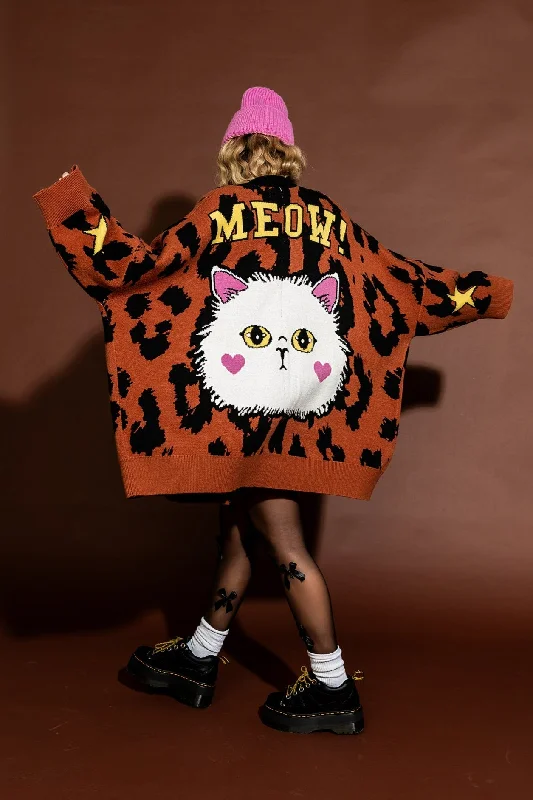 Meow! Oversized Leopard Cardigan Mesh Cardigan Canvas Denim