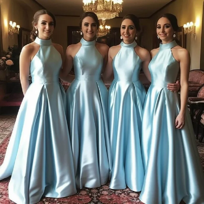 A Line Hot Halter Blue Satin Bridesmaid Dresses Sleeveless Wedding Party Dresses Tunics New arrival