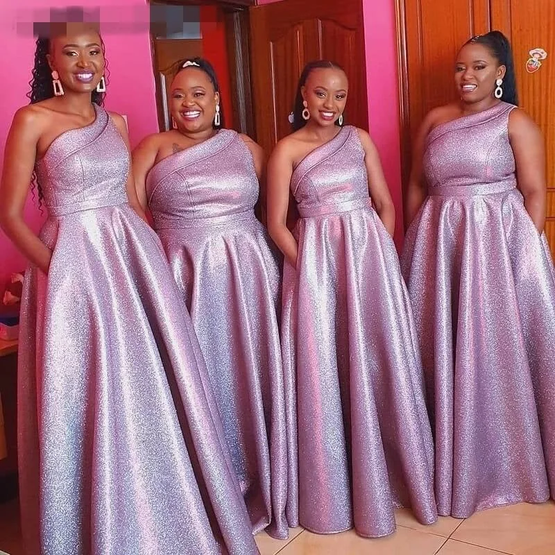 A Line Long African One Shoulder Puple Sequin Bridesmaid Dresses Party Dress Tunics Formal black