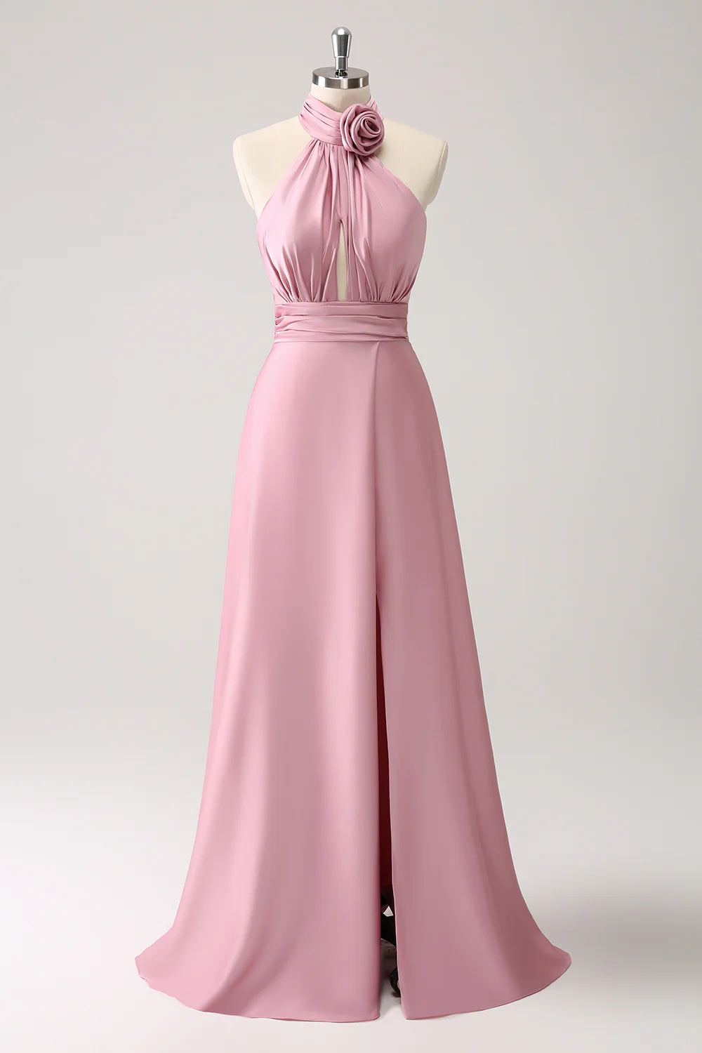 A-Line Satin Keyhole Bridesmaid Dress Wedding Guest Party Dress with Slit Tunics Fall fleece