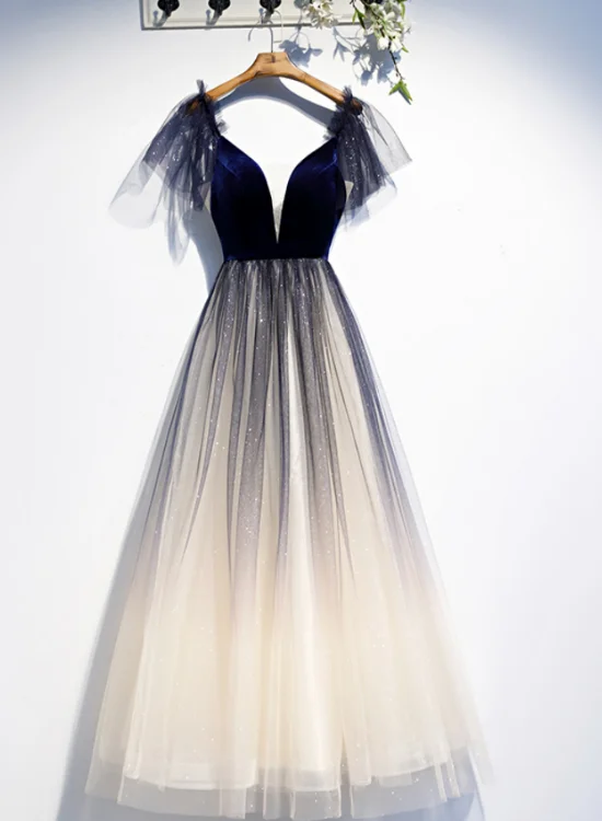 Beautiful Blue Gradient Tulle Short Sleeves Party Dresses, Blue Evening Dress Prom Dresses Tunics Floral girly
