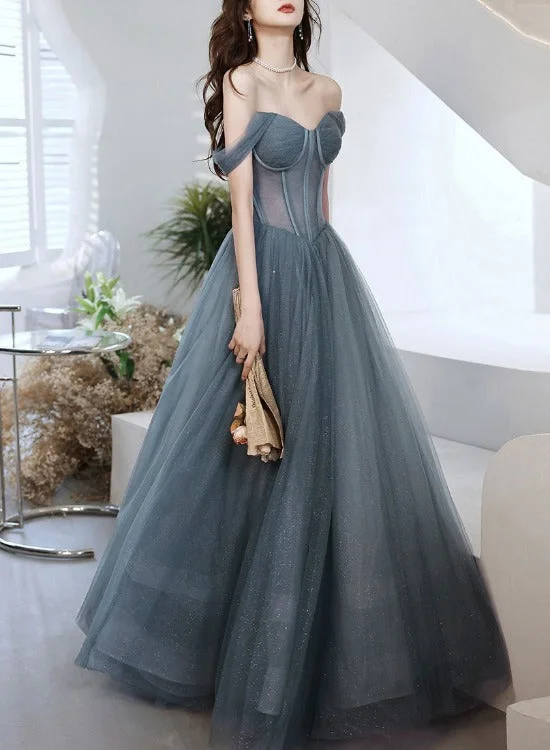 Beautiful Grey-Blue Tulle Sweetheart Shiny Off Shoulder Prom Dress, A-line Party Dress Evening Dresses Tunics Top Casual