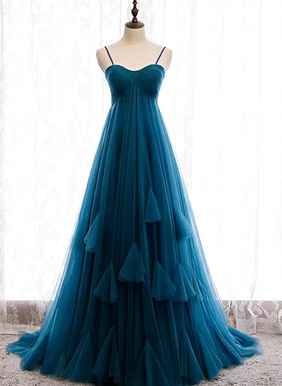 Beautiful Teal Blue Tulle Straps Long High Waist Prom Dress, Blue Evening Party Dresses Off-the-shoulder Chic Trendy
