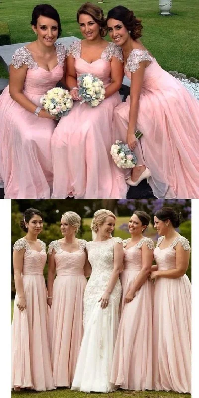 blush pink bridesmaid dresses long a line lace appliqué beaded chiffon cheap wedding party dresses Tunics Evening elegant