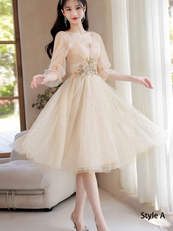 Champagne Bridesmaids Shimmery Mid A-Line Tulle Wedding Party Dress Tunics Velvet soft