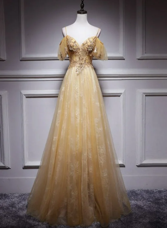 Champagne Lace Off Shoulder Long Party Dress 2022, Cute Tulle Formal Dress Prom Dress Tunics Practical durable