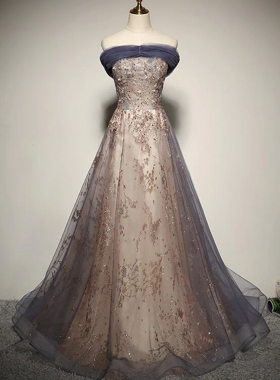 Charming Tulle Off Shoulder with Lace Applique Long Party Dress, New Prom Dress Chiffon Maxi Beach