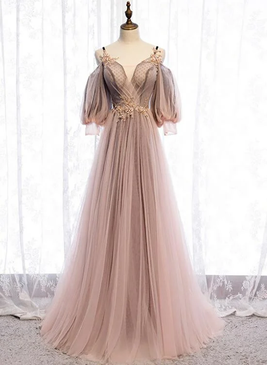 Dark Pink Tulle V-neckline Straps Floor Length Party Dresses, Pink Tulle Formal Dresses 2022 A-Line Day Work